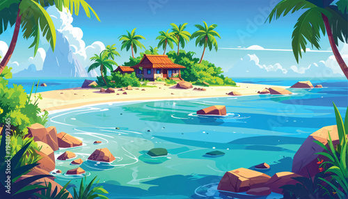 Cozy beach cottage beside a clear cove with swaying palms. Peaceful island bungalow near shallow water and warm sand. Charming coastal shelter framed by rocks, surf, and foliage. 