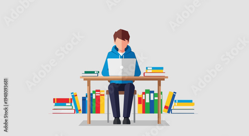 Young Man Working on Laptop at Desk.