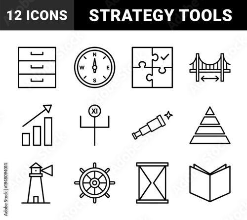 Business and strategy line icon set. Vector pictograms of compass, drawer, puzzle, bridge, hierarchy, telescope, chart, lighthouse, hourglass, and shield illustration.