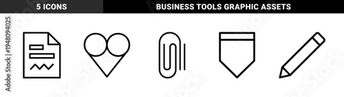 Office and stationery line icon set. Vector pictograms of document, heart, paperclip, pencil, and sticky note, thin outline illustration.