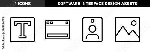 Digital content and interface line icon set. Vector pictograms of text editing, browser window, user profile, and landscape image, thin outline illustration.
