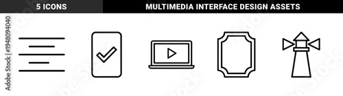 Business and technology line icon set. Vector pictograms of smartphone, checkmark, text alignment, laptop, video player, lighthouse, and plaque, thin outline illustration.