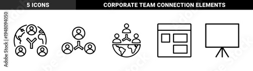 Global business communication line icon set. Vector pictograms of world map, team network, presentation board, and website interface, thin outline illustration.