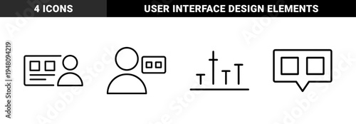 Communication and data analytics icon set. Vector pictograms of users, presentation, profile, chat bubble, and bar chart, thin outline illustration.