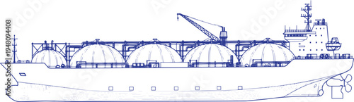 LNG Tanker Ship Line Art Illustration – Liquefied Natural Gas Carrier with Spherical Storage Tanks, Maritime Energy Transport Vessel, Industrial Shipping Cargo Ship Vector, LNG Transport Ship Outline 