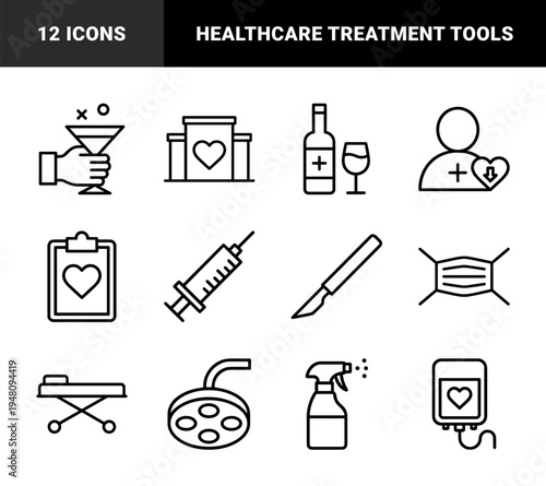 Medical and healthcare line icon set. Vector pictograms of hospital, surgeon, cocktail, syringe, scalpel, mask, blood bag, and stretcher, thin outline illustration.