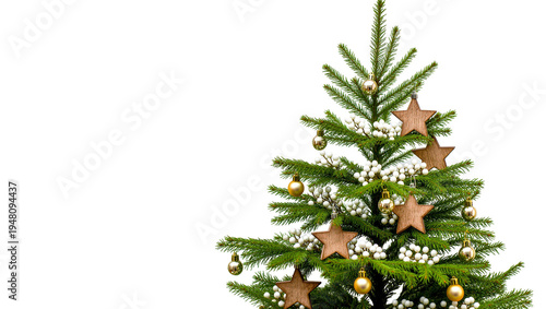 Canvas-taulu Isolated Christmas tree decorated with wooden stars and golden baubles for winte