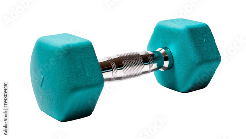 Slika na platnu Isolated teal hexagonal dumbbell with metal handle for fitness and strength trai