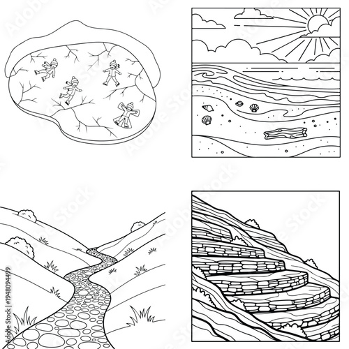 Earth wonders coloring book set - primitive settlements, beach, rocky stream, terraces