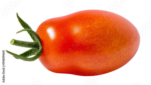 Tableau sur toile Isolated fresh ripe red oblong tomato with a green stem, healthy organic produce