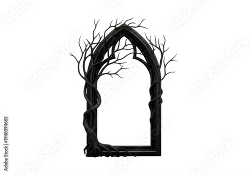 A gothic archway with bare tree branches isolated on transparent background