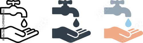 Minimalist hand washing vector icons set with water faucet and drop in outline solid and colorful flat styles.