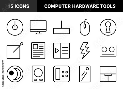 Technology and multimedia line icon set. Vector pictograms of monitor, mouse, player, lock, document, phone, lightning, and storage, thin outline illustration.