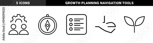 Business and strategy icon set. Vector pictograms of team members, gear, checklist, compass, hand holding, and sprout, thin outline illustration.