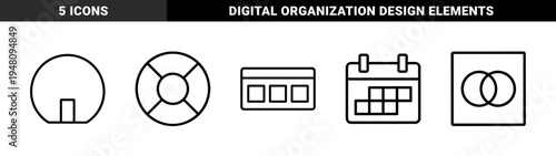 Interface and planning icon set. Vector pictograms of a calendar, schedule, dashboard, lifesaver, and overlapping circles, thin outline illustration.