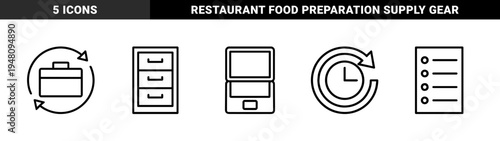 Kitchenware line icon set. Vector pictograms of saucepan, blender, kettle, toaster, microwave, chef hat, scales, and cutlery, thin outline illustration.