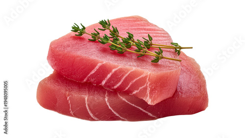 Konstfotografi Isolated fresh raw tuna fish steaks with aromatic green thyme, gourmet seafood r