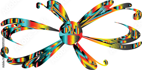 A vibrant abstract floral burst design with rainbow colors and a central sphere