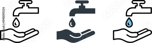 Minimalist hand washing vector icons set with water faucet and drop in outline solid and colorful flat styles.