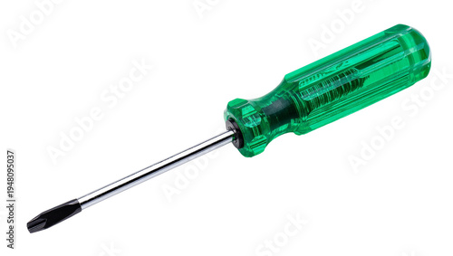 Cuadro en lienzo Isolated metallic screwdriver with translucent green plastic handle, essential household and construction tool