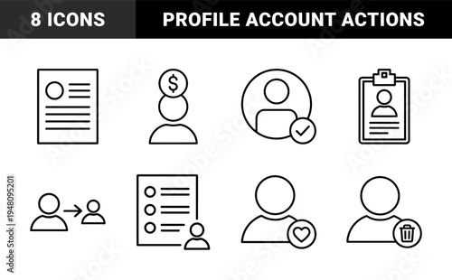 User profile management and document administration icon set. Vector pictograms of account, resume, finance, checklist, transfer, favorite, photo, and trash, line illustration.
