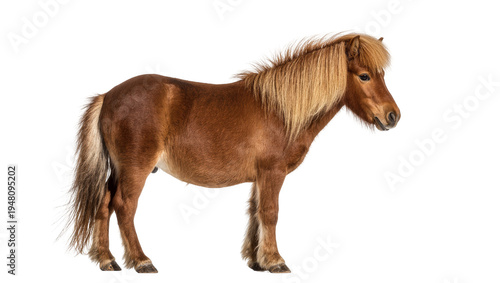 Foto Isolated brown Icelandic horse standing in profile with long mane and tail