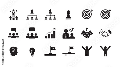 Leadership and team strategy glyph icon set for business goal setting, collaboration, achievement, and organizational success