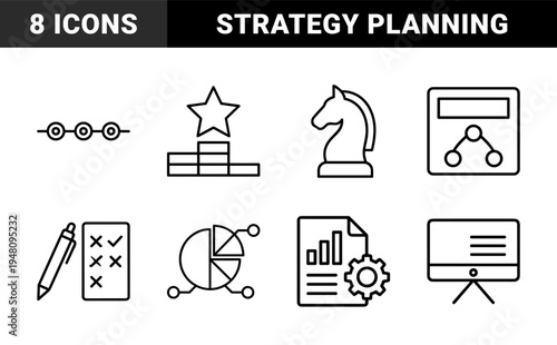 Business strategy line icon set. Vector pictograms of chess knight, timeline, podium, checklist, pie chart, hierarchy, report, and monitor, thin outline illustration.