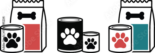 Pet food icons set featuring dog treat bags and canned products with paw prints in minimalist vector styles.