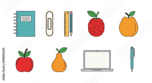 Various school supplies and fruits illustration