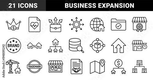 Franchise and business expansion line icon set. Vector pictograms of retail stores, real estate, branding, contracts, and logistics, thin outline illustration.