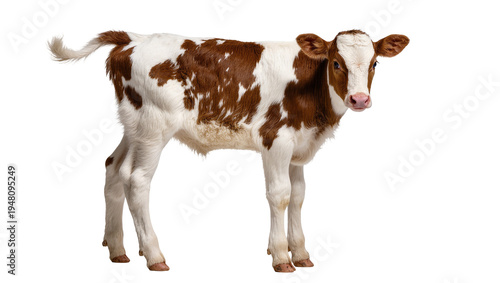 Photos Isolated young calf standing, looking at camera with cute expression, farm anima