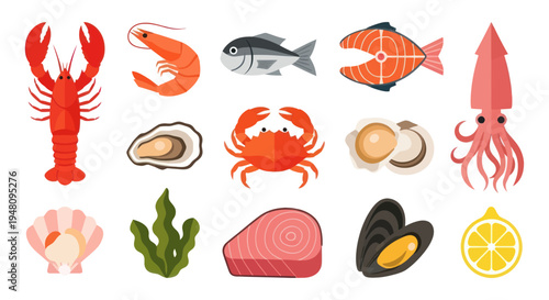 Various seafood icons illustration