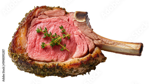 Картината върху платно Isolated gourmet cooked lamb chop seasoned with herbs, showing juicy medium-rare tender meat