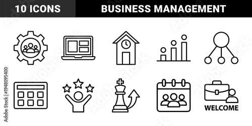 Business and management line icon set. Vector pictograms of gear, laptop, school, chart, chess, calendar, hierarchy, success, welcome, and meeting, outline illustration.