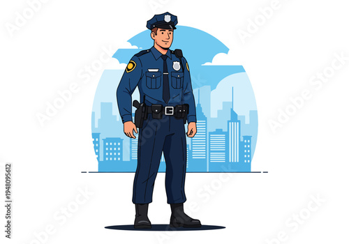 Professional police officer standing confidently in uniform with badge and radio against simple city skyline in modern flat solid color vector style