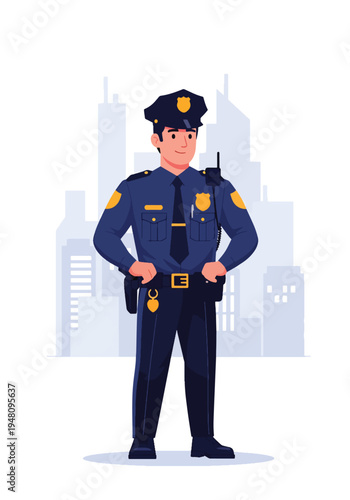 Professional police officer standing confidently in uniform with badge and radio against simple city skyline in modern flat solid color vector style