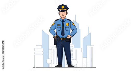 Professional police officer standing confidently in uniform with badge and radio against simple city skyline in modern flat solid color vector style