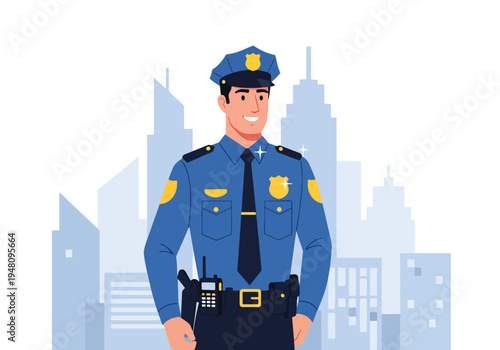 Professional police officer standing confidently in uniform with badge and radio against simple city skyline in modern flat solid color vector style