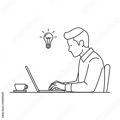 Man working on laptop at office desk cartoon illustration