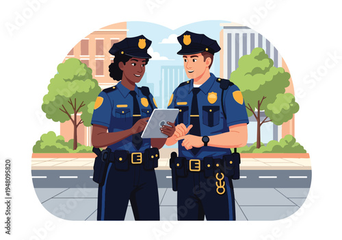 Male and female police officers in full uniform standing together with professional posture in clean modern flat solid color vector illustration style