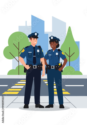 Male and female police officers in full uniform standing together with professional posture in clean modern flat solid color vector illustration style