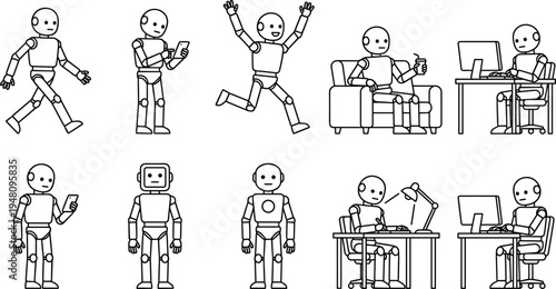 robot character activity set, humanoid robot walking using smartphone working computer relaxing sofa technology lifestyle vector illustration