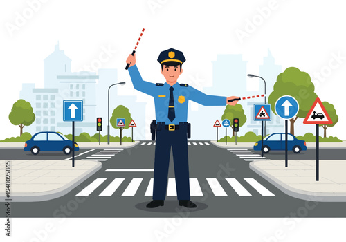 Police officer directing traffic at busy city intersection with cars and road signs illustrated in modern flat solid color vector style