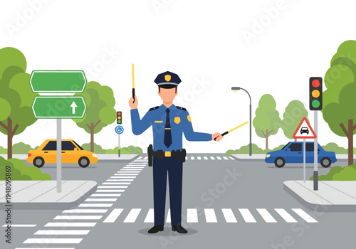 Police officer directing traffic at busy city intersection with cars and road signs illustrated in modern flat solid color vector style