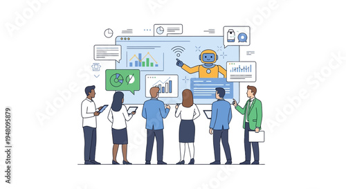 Business team collaborating with robot on data analysis in modern office