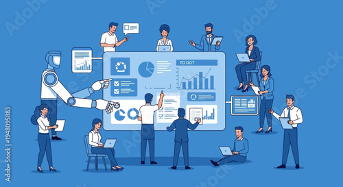 Business team collaborating with robot on data analysis in modern office