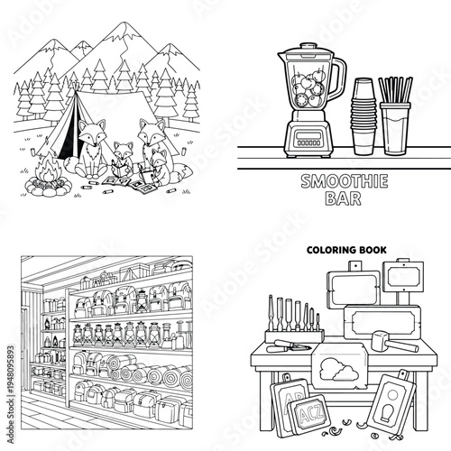 Diverse themes coloring book - fox family camping, smoothie bar, store & crafting