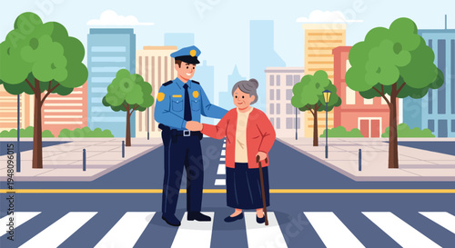 Community police officer helping elderly person cross street safely in positive public service scene illustrated in modern flat solid color vector style