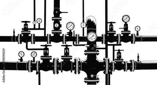 Industrial Pipe Valves and Gauges on Metal Tubing
